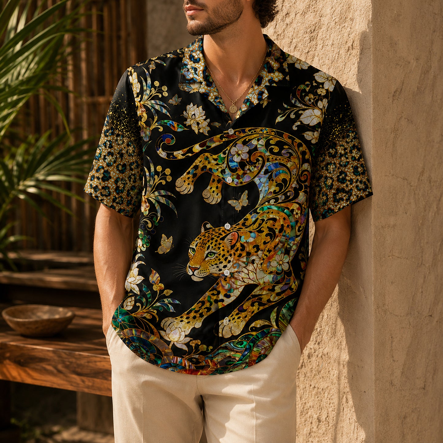HW-622-Opulent Leopard Mosaic Aloha Shirt Tropical Stained Glass Resort Apparel