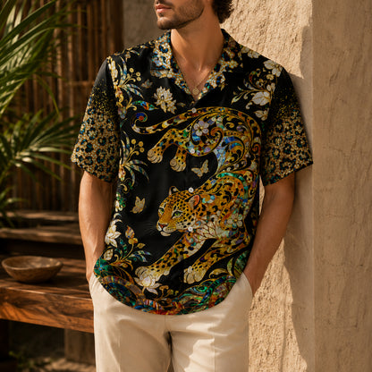 HW-622-Opulent Leopard Mosaic Aloha Shirt Tropical Stained Glass Resort Apparel