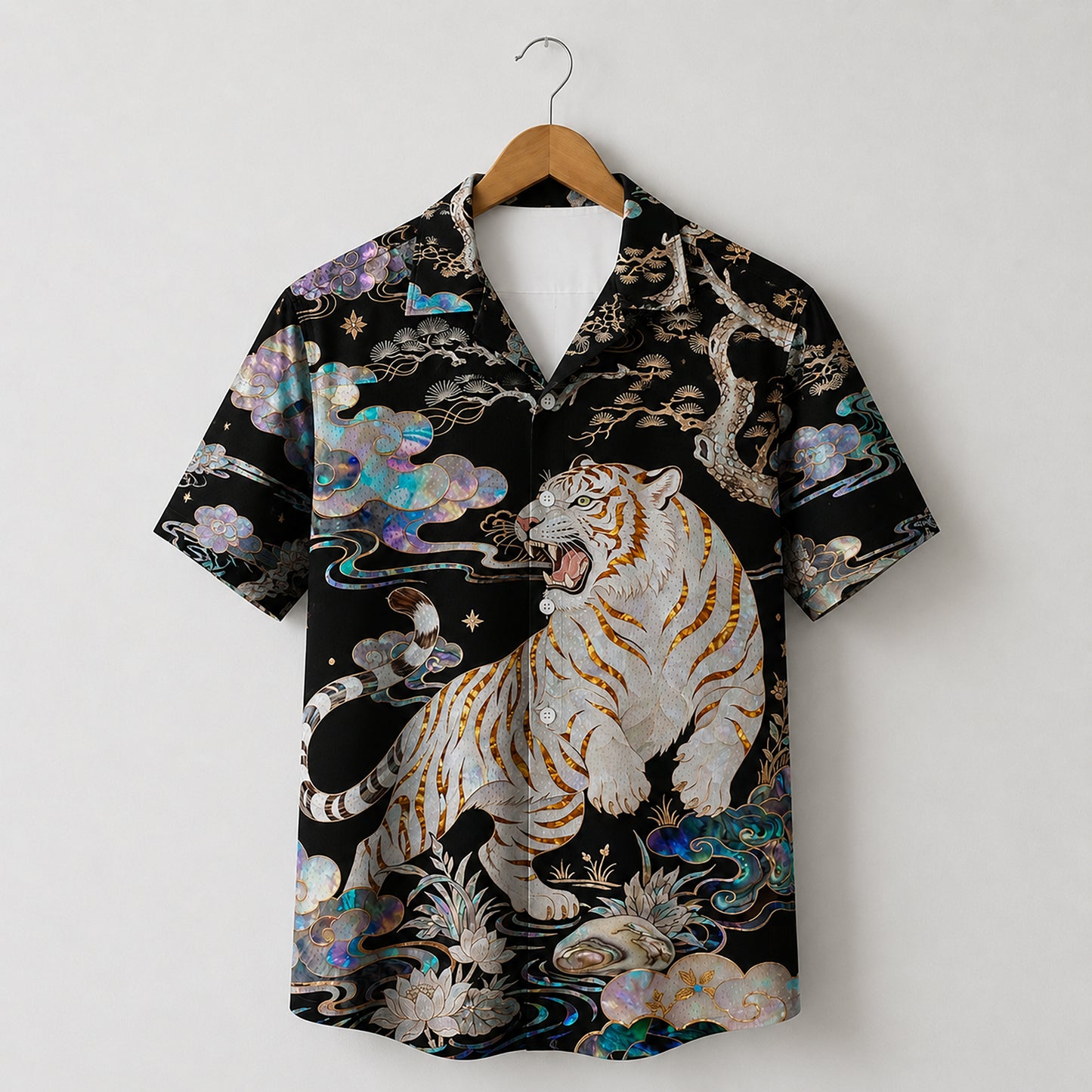HW-623-White Tiger Iridescent Aloha Shirt Asian Art Button Down Tropical Top