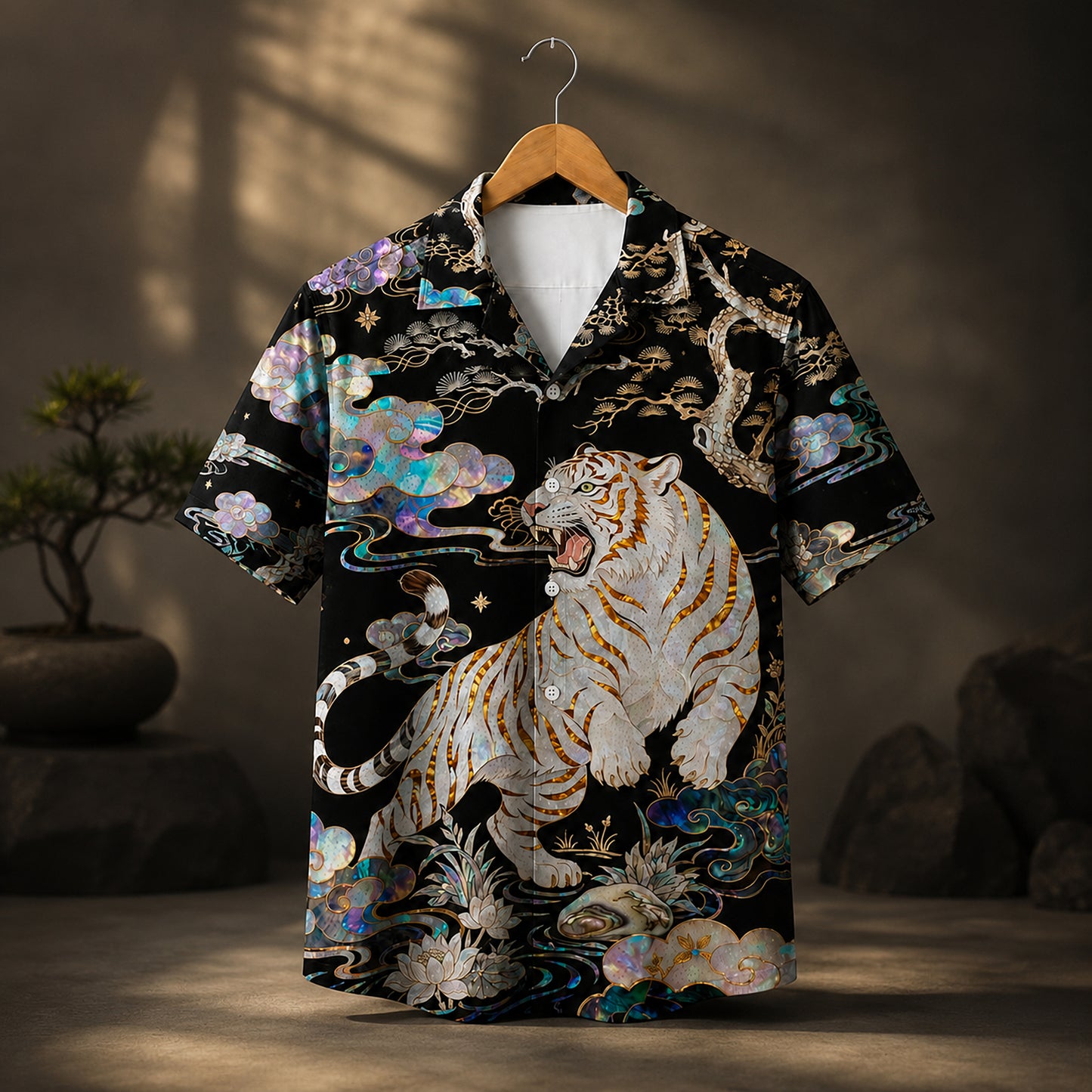 HW-623-White Tiger Iridescent Aloha Shirt Asian Art Button Down Tropical Top