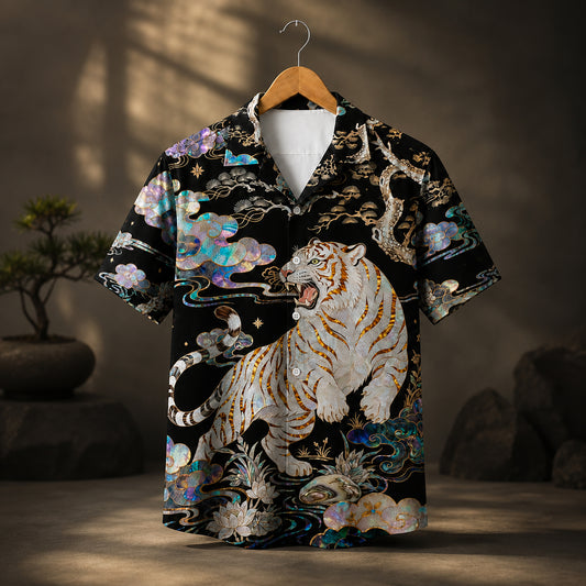 HW-623-White Tiger Iridescent Aloha Shirt Asian Art Button Down Tropical Top