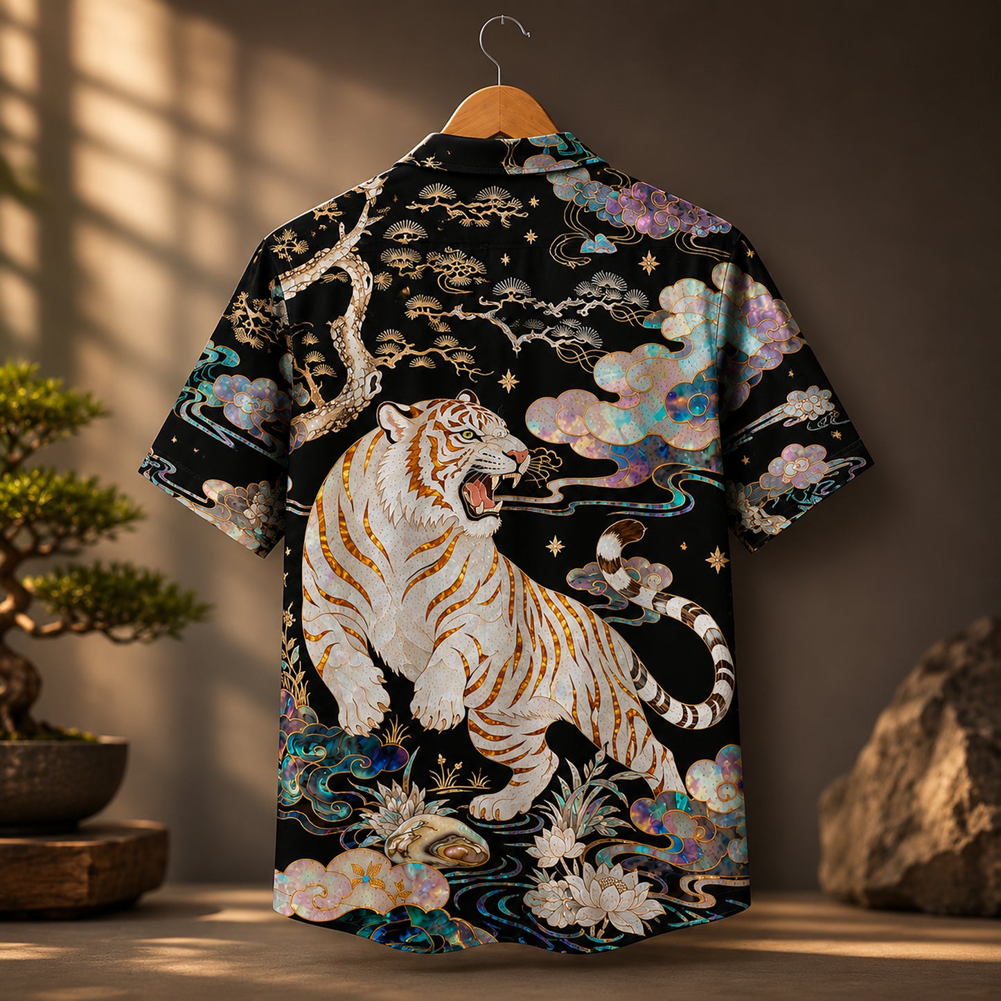 HW-623-White Tiger Iridescent Aloha Shirt Asian Art Button Down Tropical Top