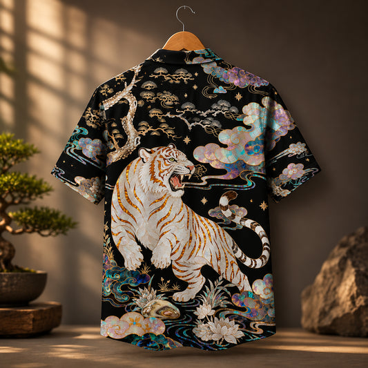 HW-623-White Tiger Iridescent Aloha Shirt Asian Art Button Down Tropical Top