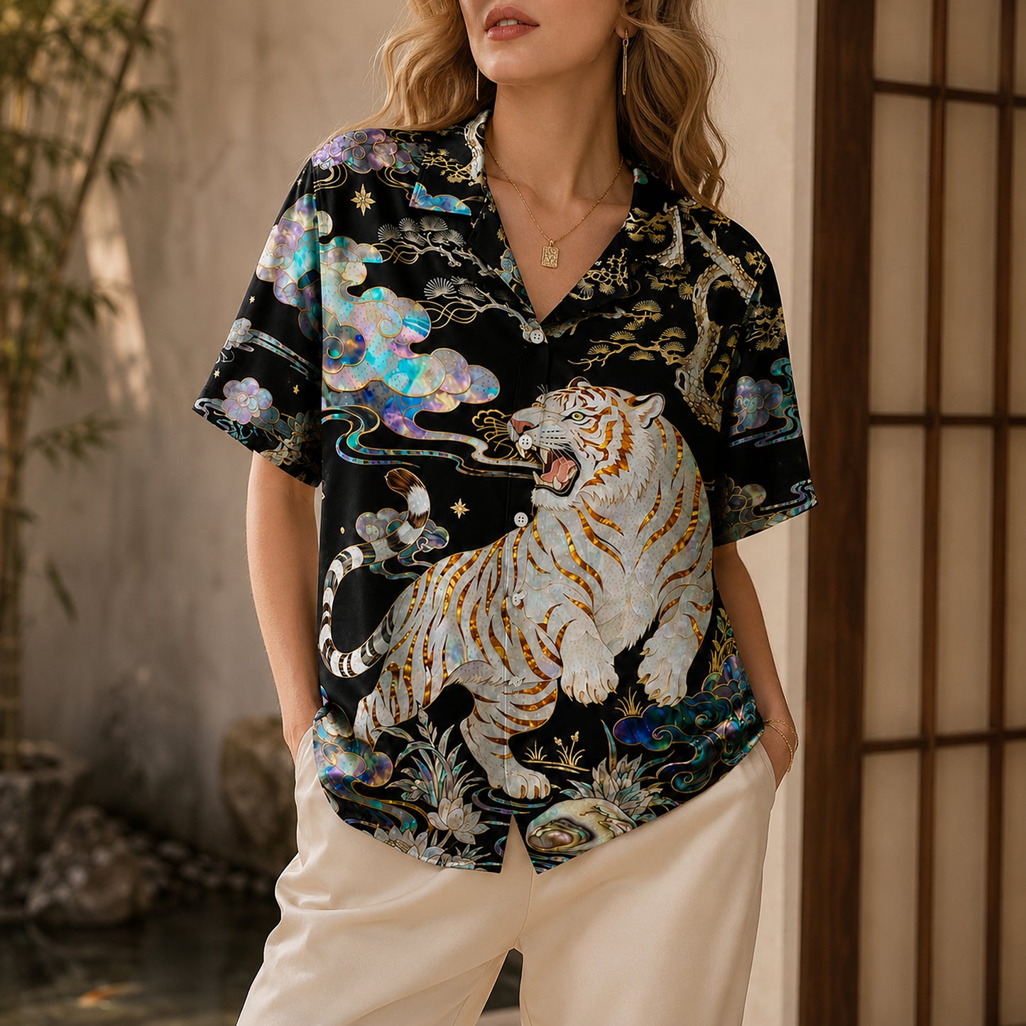 HW-623-White Tiger Iridescent Aloha Shirt Asian Art Button Down Tropical Top