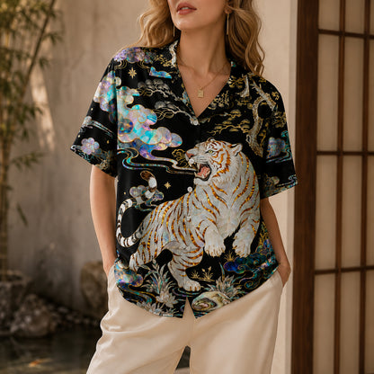 HW-623-White Tiger Iridescent Aloha Shirt Asian Art Button Down Tropical Top