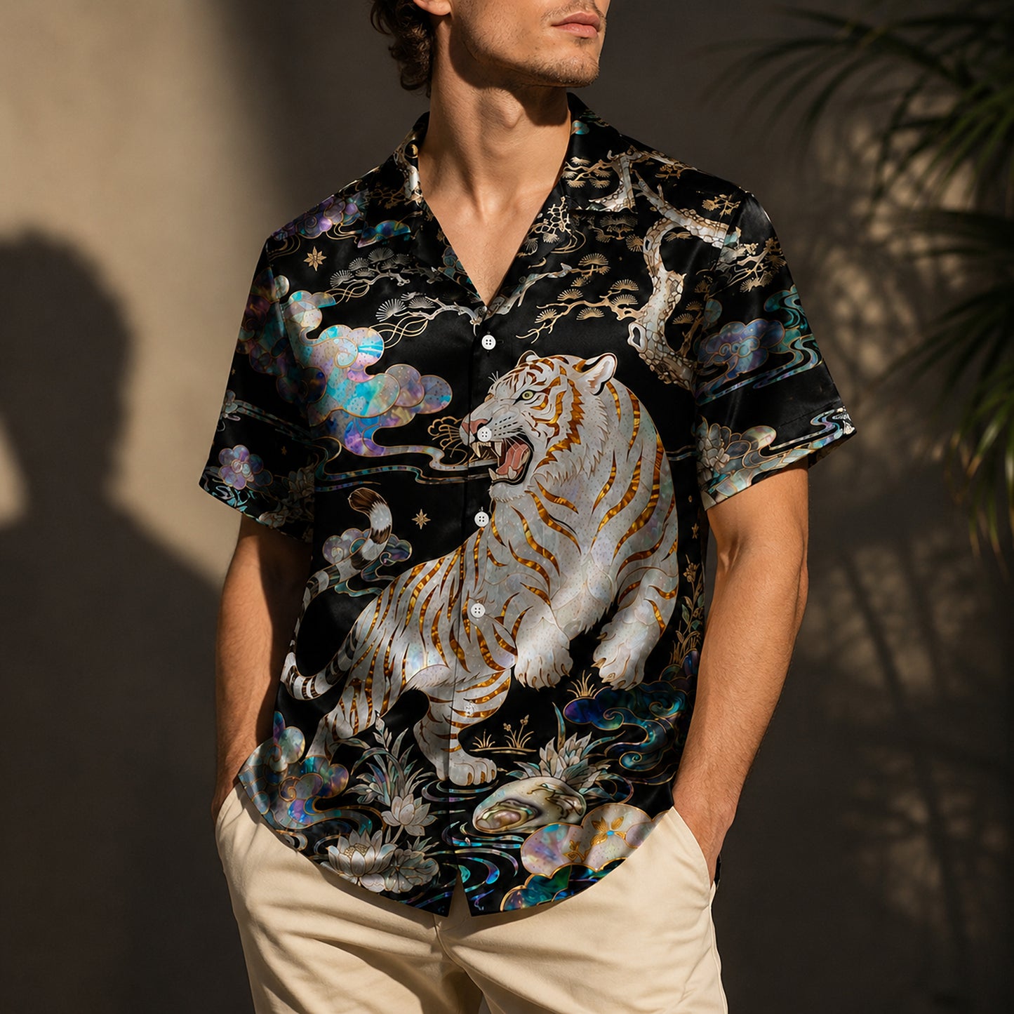 HW-623-White Tiger Iridescent Aloha Shirt Asian Art Button Down Tropical Top
