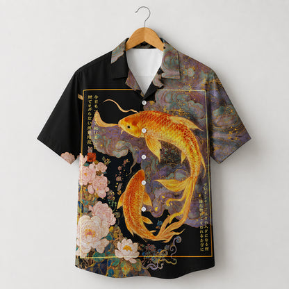 HW-624-Golden Koi Fish Asian Art Aloha Shirt Floral Peony Print Vintage Vacation Top