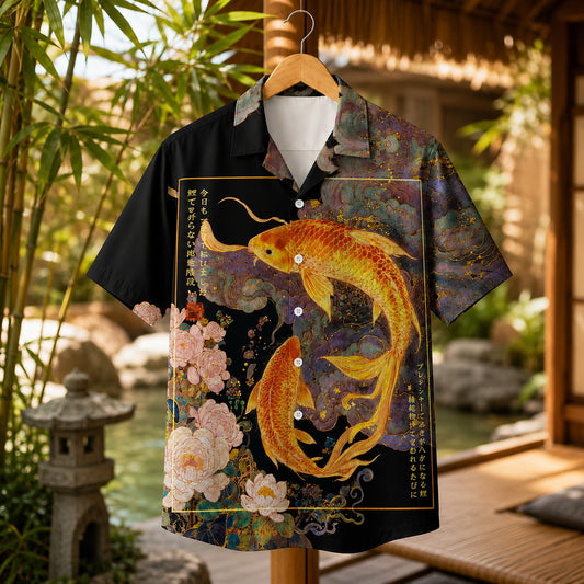 HW-624-Golden Koi Fish Asian Art Aloha Shirt Floral Peony Print Vintage Vacation Top