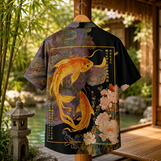 HW-624-Golden Koi Fish Asian Art Aloha Shirt Floral Peony Print Vintage Vacation Top