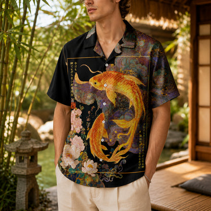 HW-624-Golden Koi Fish Asian Art Aloha Shirt Floral Peony Print Vintage Vacation Top