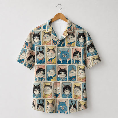 HW-625-Japanese Samurai Cat Art Satin Aloha Shirt Vintage Feline Button Down