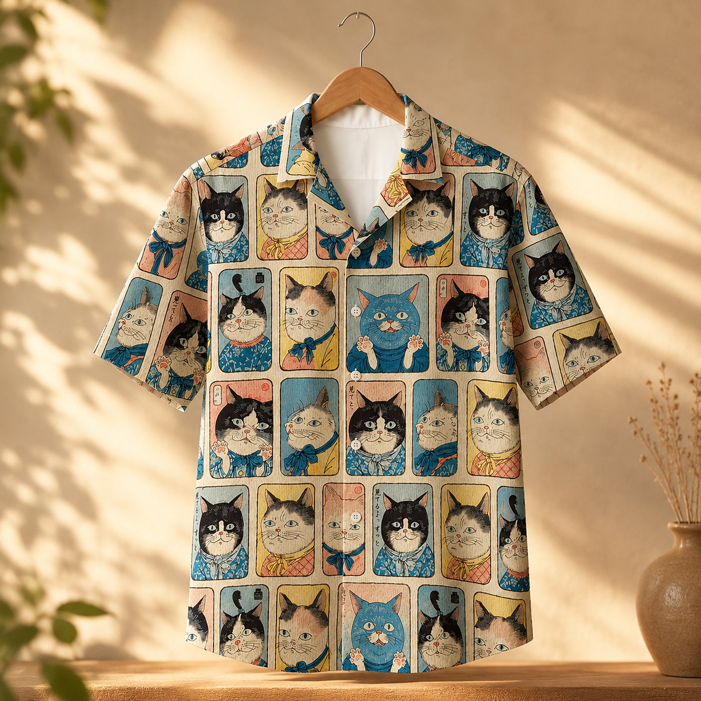 HW-625-Japanese Samurai Cat Art Satin Aloha Shirt Vintage Feline Button Down