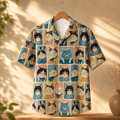 HW-625-Japanese Samurai Cat Art Satin Aloha Shirt Vintage Feline Button Down