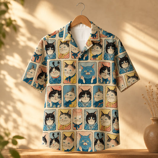HW-625-Japanese Samurai Cat Art Satin Aloha Shirt Vintage Feline Button Down