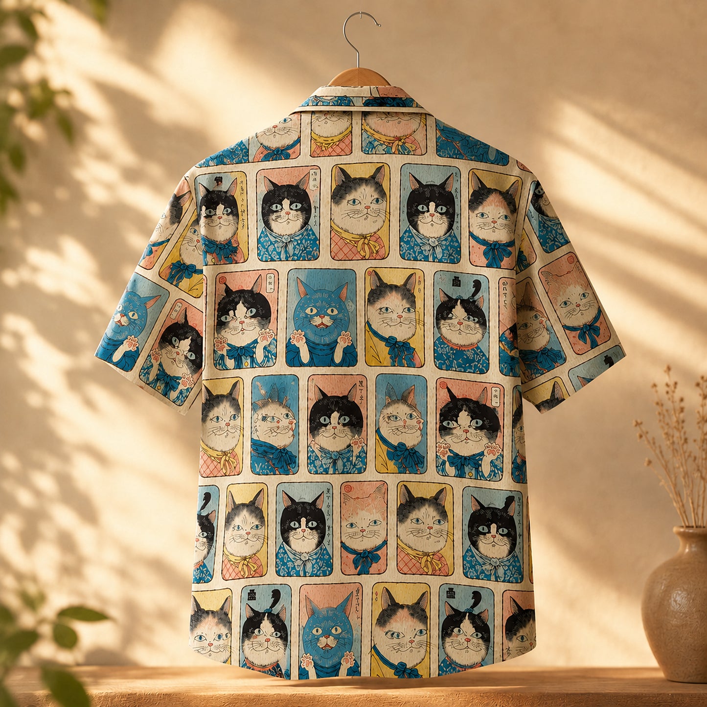 HW-625-Japanese Samurai Cat Art Satin Aloha Shirt Vintage Feline Button Down