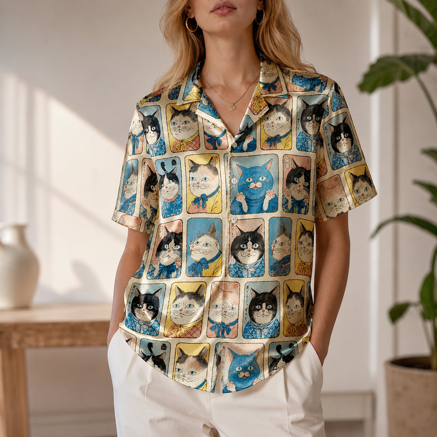 HW-625-Japanese Samurai Cat Art Satin Aloha Shirt Vintage Feline Button Down