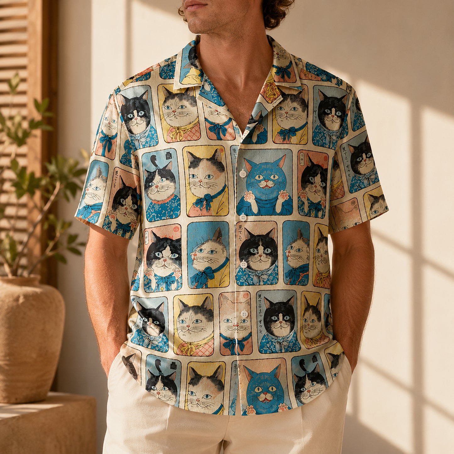 HW-625-Japanese Samurai Cat Art Satin Aloha Shirt Vintage Feline Button Down