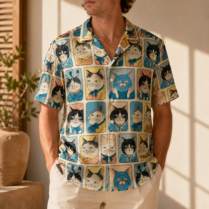 HW-625-Japanese Samurai Cat Art Satin Aloha Shirt Vintage Feline Button Down