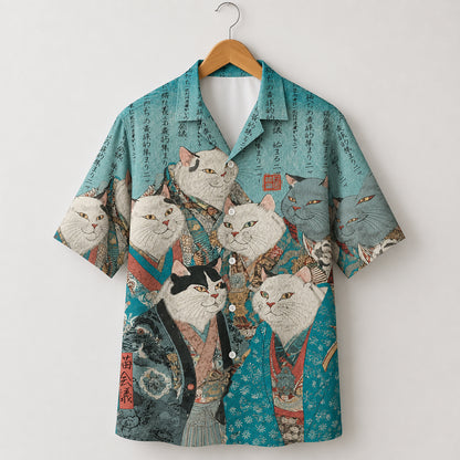 HW-626-Teal Ukiyo Feline Kimono Shirt Traditional Asian Animal Print Top
