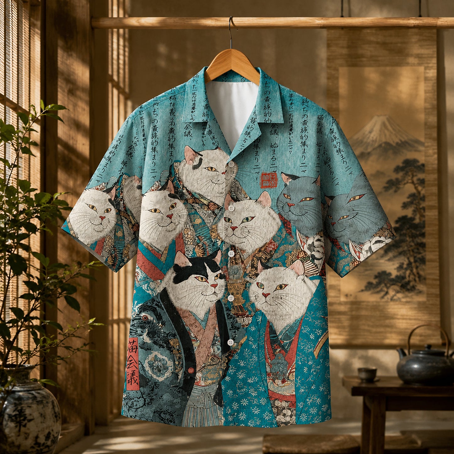 HW-626-Teal Ukiyo Feline Kimono Shirt Traditional Asian Animal Print Top