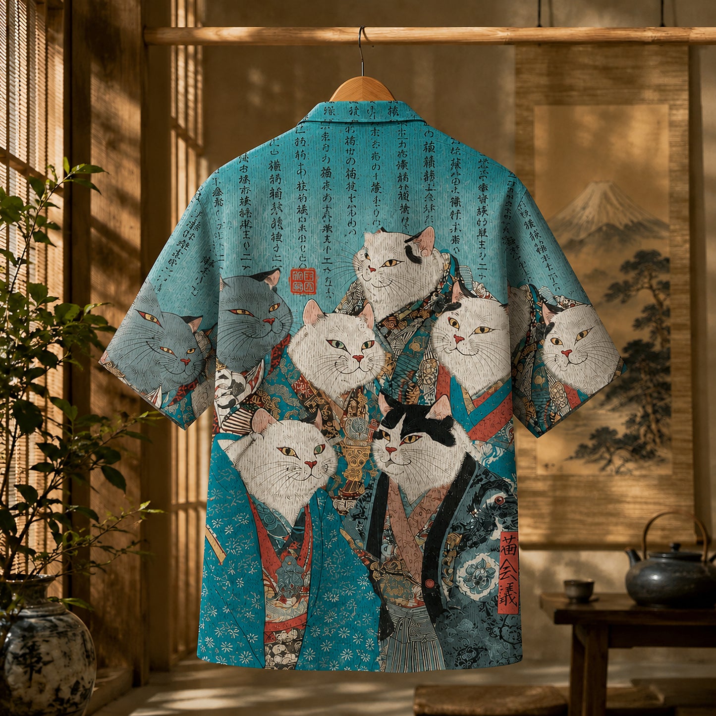 HW-626-Teal Ukiyo Feline Kimono Shirt Traditional Asian Animal Print Top
