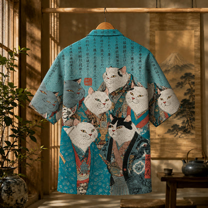 HW-626-Teal Ukiyo Feline Kimono Shirt Traditional Asian Animal Print Top