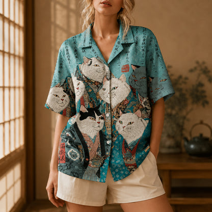 HW-626-Teal Ukiyo Feline Kimono Shirt Traditional Asian Animal Print Top
