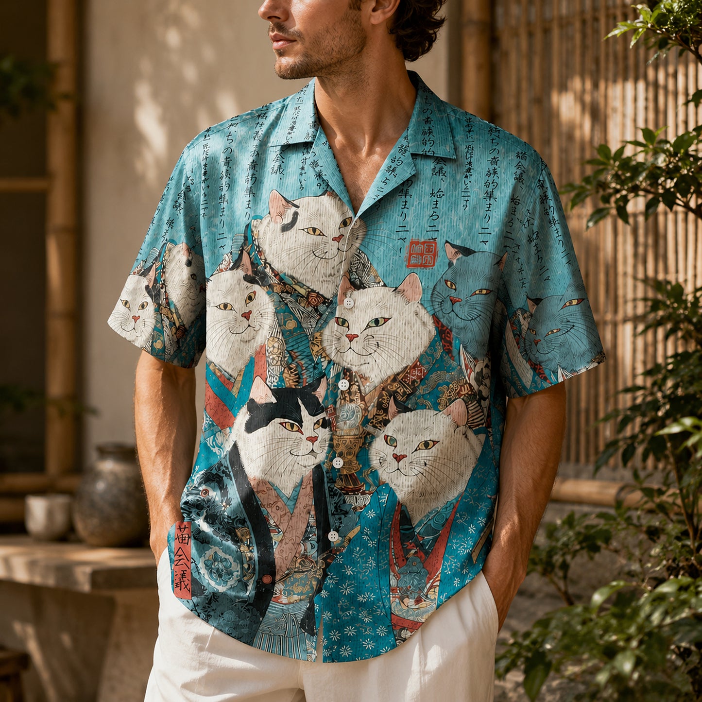 HW-626-Teal Ukiyo Feline Kimono Shirt Traditional Asian Animal Print Top