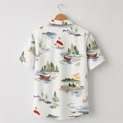 HW-648-Riverside Landscape Hawaiian Shirt, Scenic Nature Print Shirt, Peaceful River View Tropical Button Up, Relaxed Summer Vacation Shirt