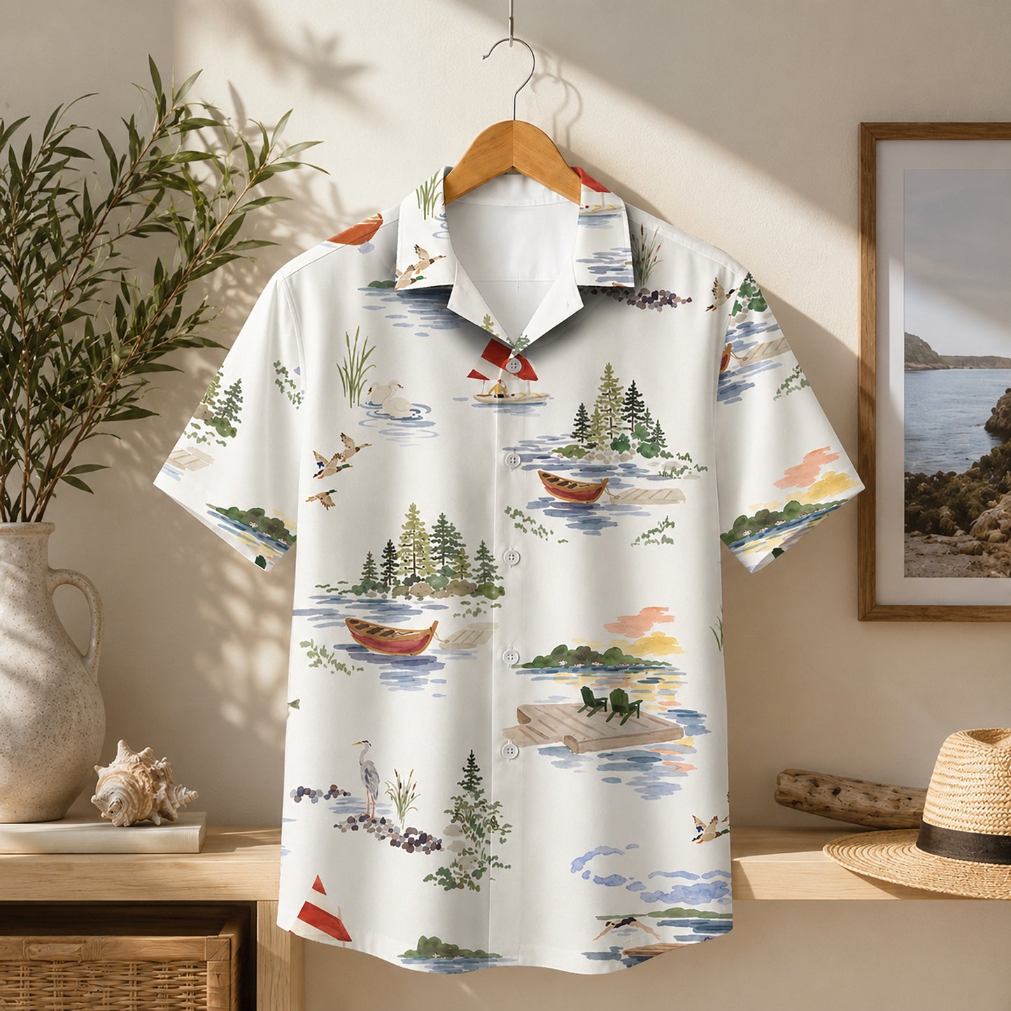 HW-648-Riverside Landscape Hawaiian Shirt, Scenic Nature Print Shirt, Peaceful River View Tropical Button Up, Relaxed Summer Vacation Shirt