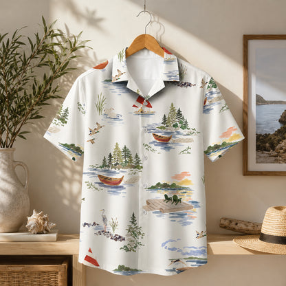 HW-648-Riverside Landscape Hawaiian Shirt, Scenic Nature Print Shirt, Peaceful River View Tropical Button Up, Relaxed Summer Vacation Shirt