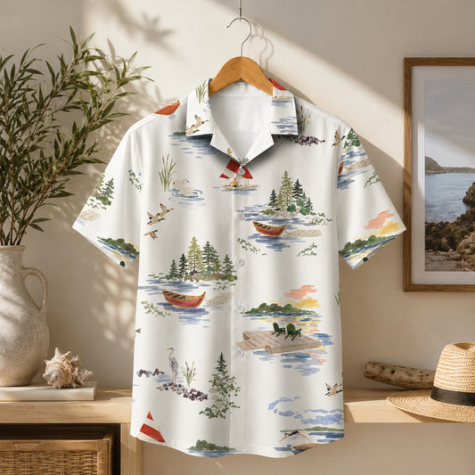 HW-648-Riverside Landscape Hawaiian Shirt, Scenic Nature Print Shirt, Peaceful River View Tropical Button Up, Relaxed Summer Vacation Shirt