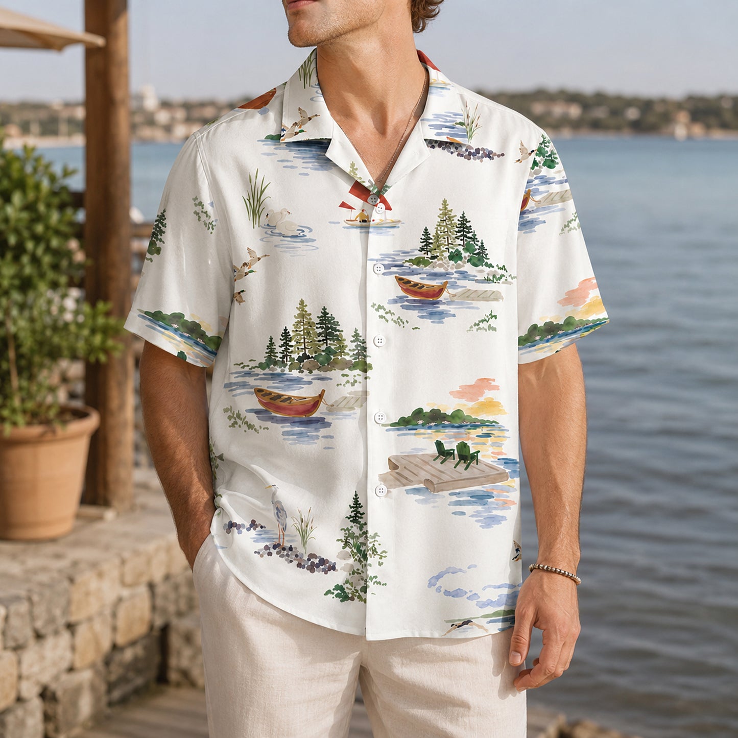 HW-648-Riverside Landscape Hawaiian Shirt, Scenic Nature Print Shirt, Peaceful River View Tropical Button Up, Relaxed Summer Vacation Shirt