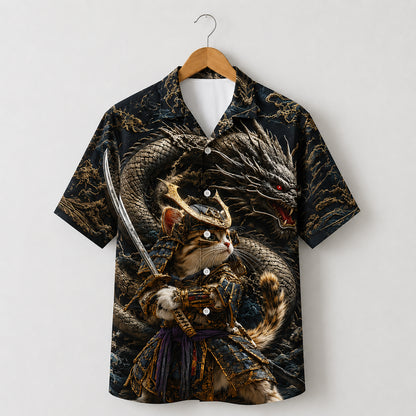 HW-665-Samurai Cat & Dragon Hawaiian Shirt with Epic Japanese Warrior Fantasy Pattern for Bold Streetwear, Vacation and Unique Gift Style