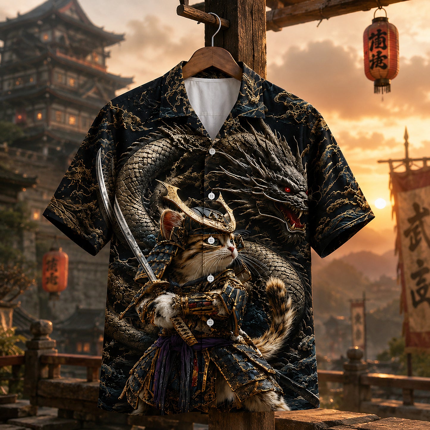 HW-665-Samurai Cat & Dragon Hawaiian Shirt with Epic Japanese Warrior Fantasy Pattern for Bold Streetwear, Vacation and Unique Gift Style