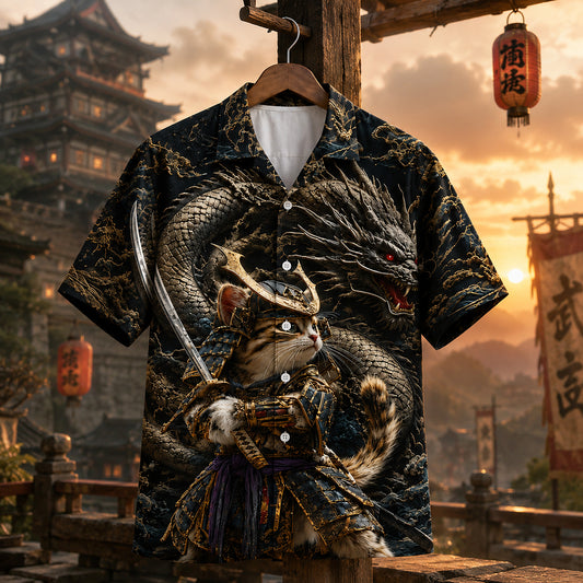 HW-665-Samurai Cat & Dragon Hawaiian Shirt with Epic Japanese Warrior Fantasy Pattern for Bold Streetwear, Vacation and Unique Gift Style