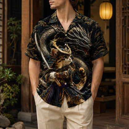 HW-665-Samurai Cat & Dragon Hawaiian Shirt with Epic Japanese Warrior Fantasy Pattern for Bold Streetwear, Vacation and Unique Gift Style