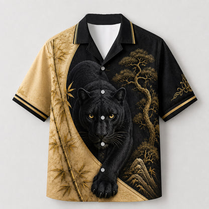 HW-743-Majestic Black Panther Gold Bamboo Hawaiian Shirt Asian Art Button Down Top