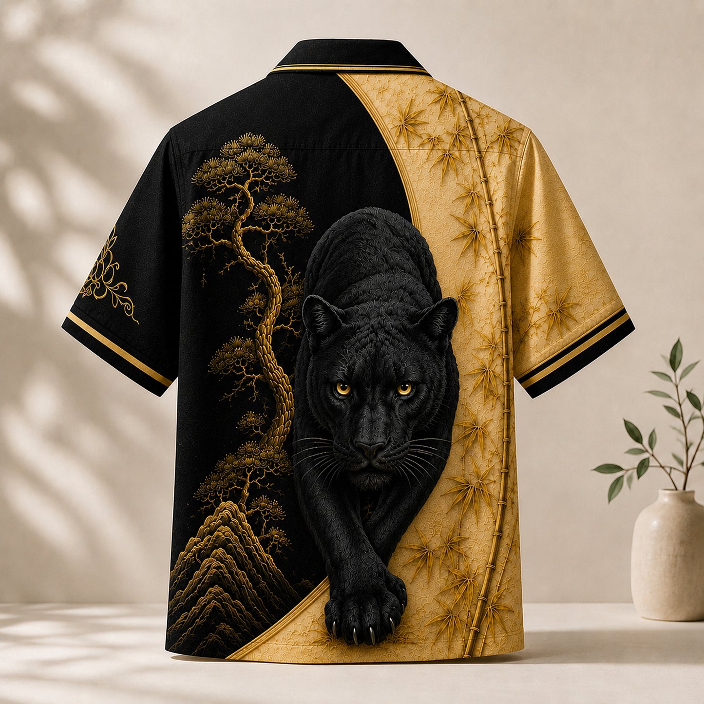 HW-743-Majestic Black Panther Gold Bamboo Hawaiian Shirt Asian Art Button Down Top