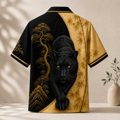 HW-743-Majestic Black Panther Gold Bamboo Hawaiian Shirt Asian Art Button Down Top