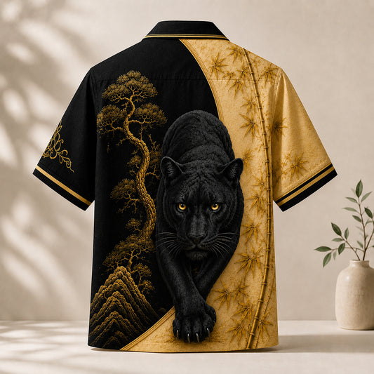 HW-743-Majestic Black Panther Gold Bamboo Hawaiian Shirt Asian Art Button Down Top
