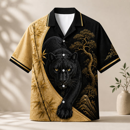 HW-743-Majestic Black Panther Gold Bamboo Hawaiian Shirt Asian Art Button Down Top
