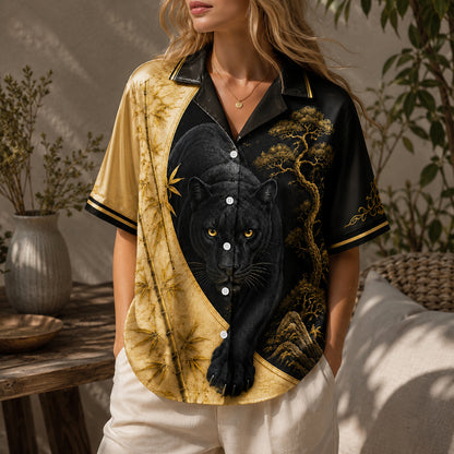 HW-743-Majestic Black Panther Gold Bamboo Hawaiian Shirt Asian Art Button Down Top