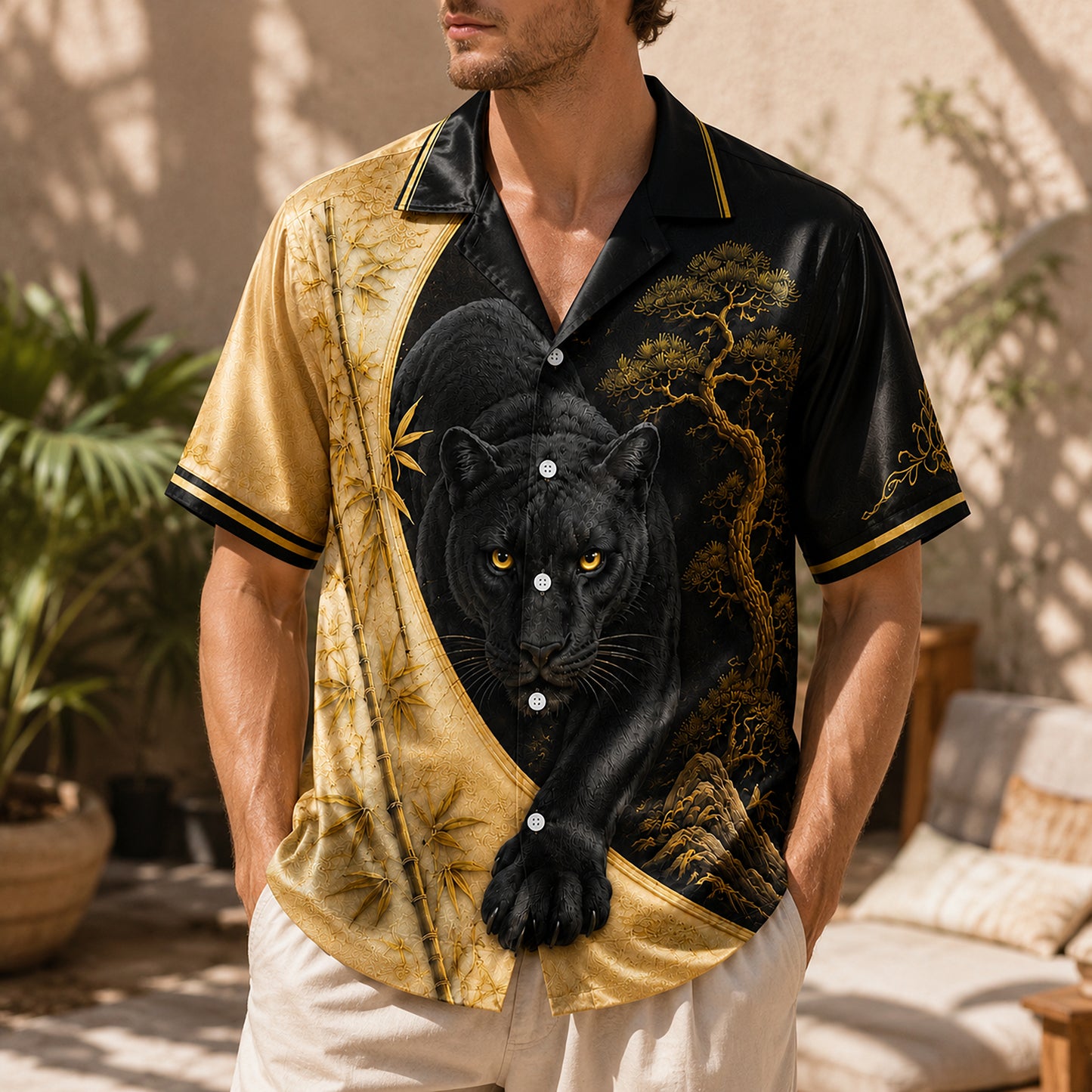 HW-743-Majestic Black Panther Gold Bamboo Hawaiian Shirt Asian Art Button Down Top