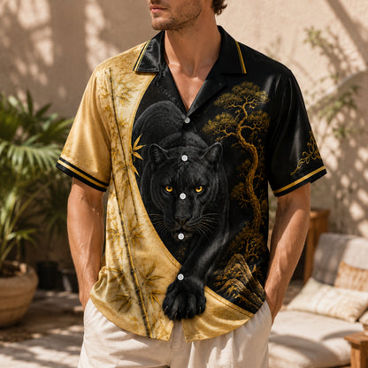 HW-743-Majestic Black Panther Gold Bamboo Hawaiian Shirt Asian Art Button Down Top