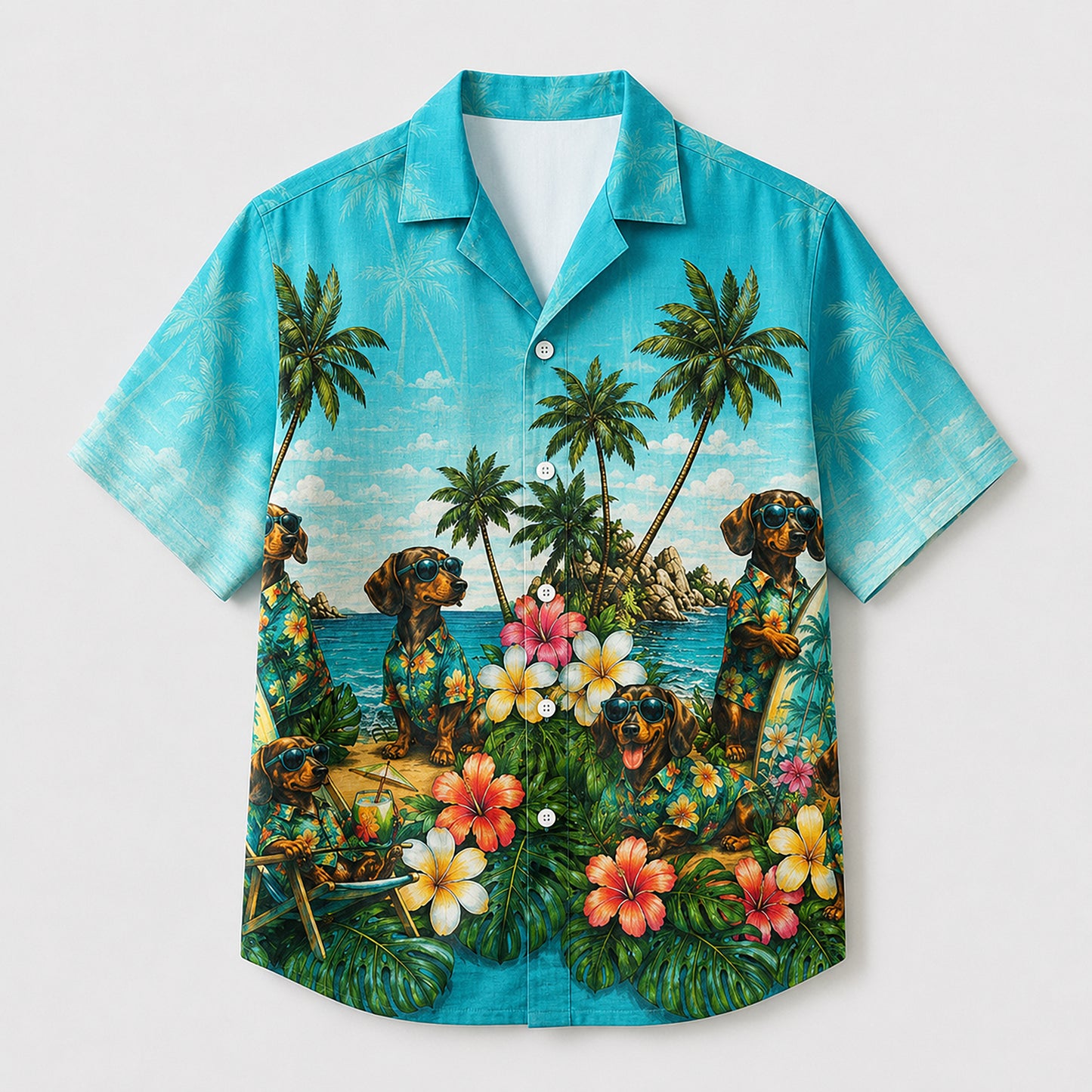 HW-744-Tropical Dog Hawaiian Shirt with Playful Puppy and Island Pattern for Beach Vacation, Summer Adventures and Resort Style