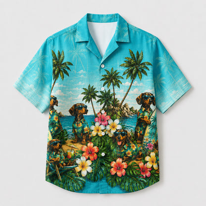 HW-744-Tropical Dog Hawaiian Shirt with Playful Puppy and Island Pattern for Beach Vacation, Summer Adventures and Resort Style
