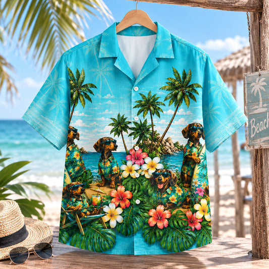 HW-744-Tropical Dog Hawaiian Shirt with Playful Puppy and Island Pattern for Beach Vacation, Summer Adventures and Resort Style