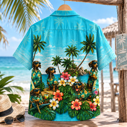 HW-744-Tropical Dog Hawaiian Shirt with Playful Puppy and Island Pattern for Beach Vacation, Summer Adventures and Resort Style