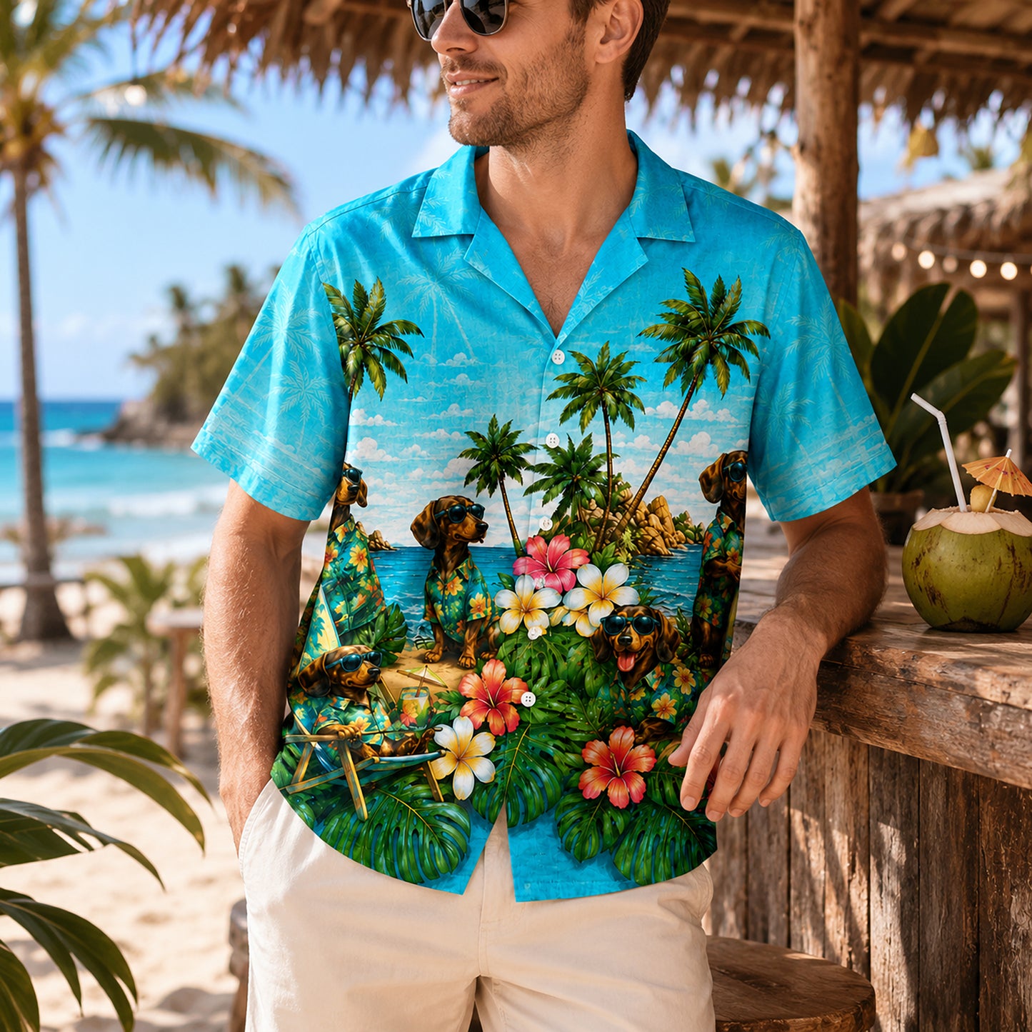 HW-744-Tropical Dog Hawaiian Shirt with Playful Puppy and Island Pattern for Beach Vacation, Summer Adventures and Resort Style